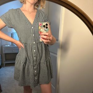 Madewell cuff sleeve button front tiered mini dress in gingham check